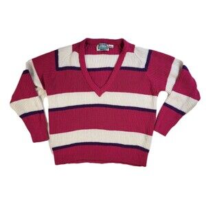 Vtg V-Neck Pink White Striped Sweater Women M Retro Sky Blue Waters Acrylic 80s